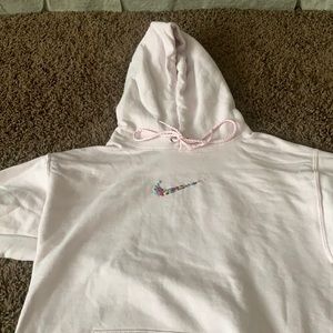 Pink hand embroidered nike hoodie